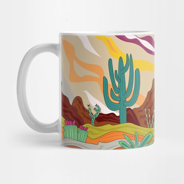 Desert climate, retro style, abstract cactus , sun, sand and mountains , Arizona by WorldOfMine